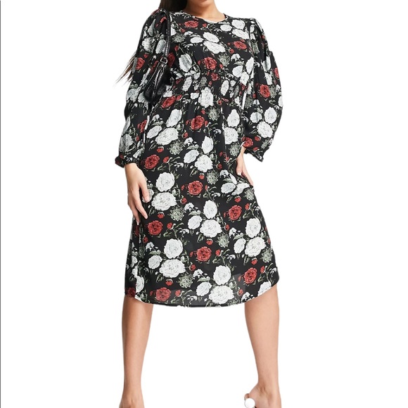 NA-KD Smocked Waist Printed Floral Midi Dress - Picture 1 of 7